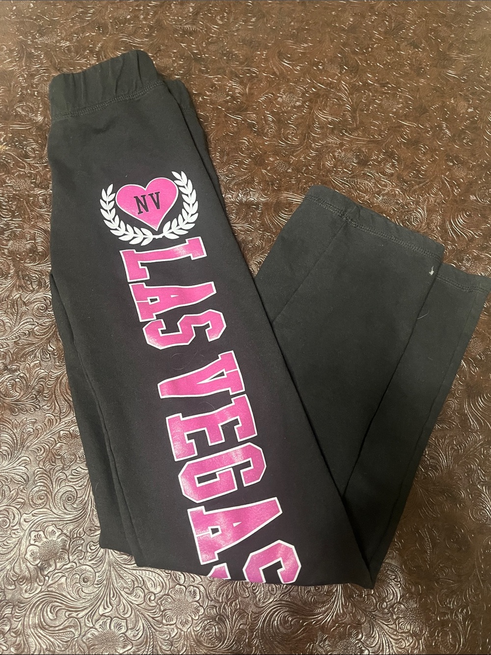 Reserved Black Track Joggers with Pink LAS VEGAS Print